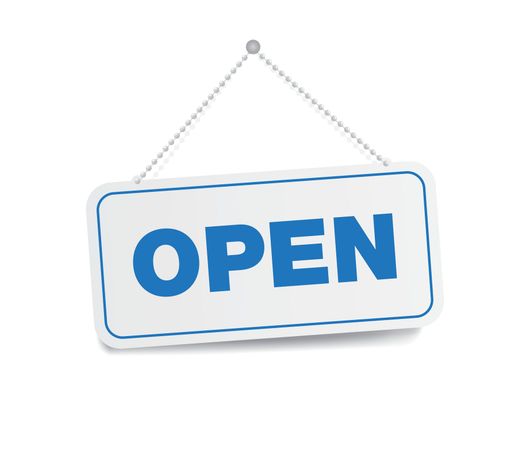 A blue and white open sign is hanging on a chain.