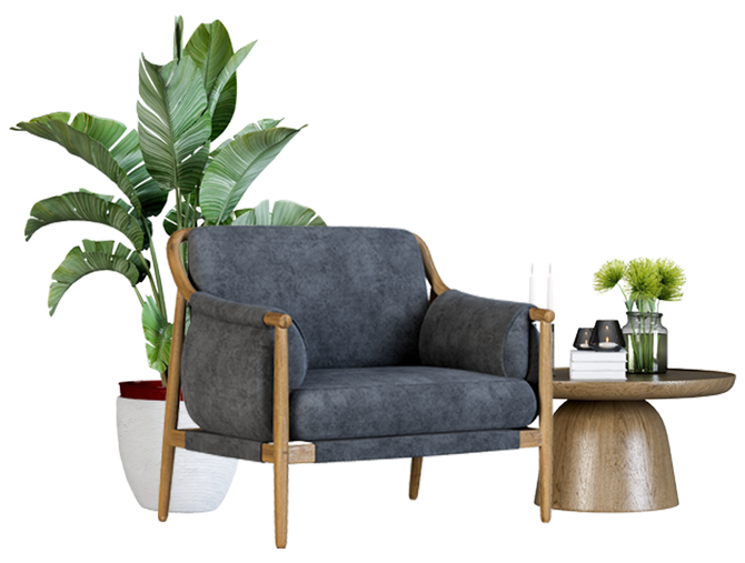 A chair and a table with a plant in the background