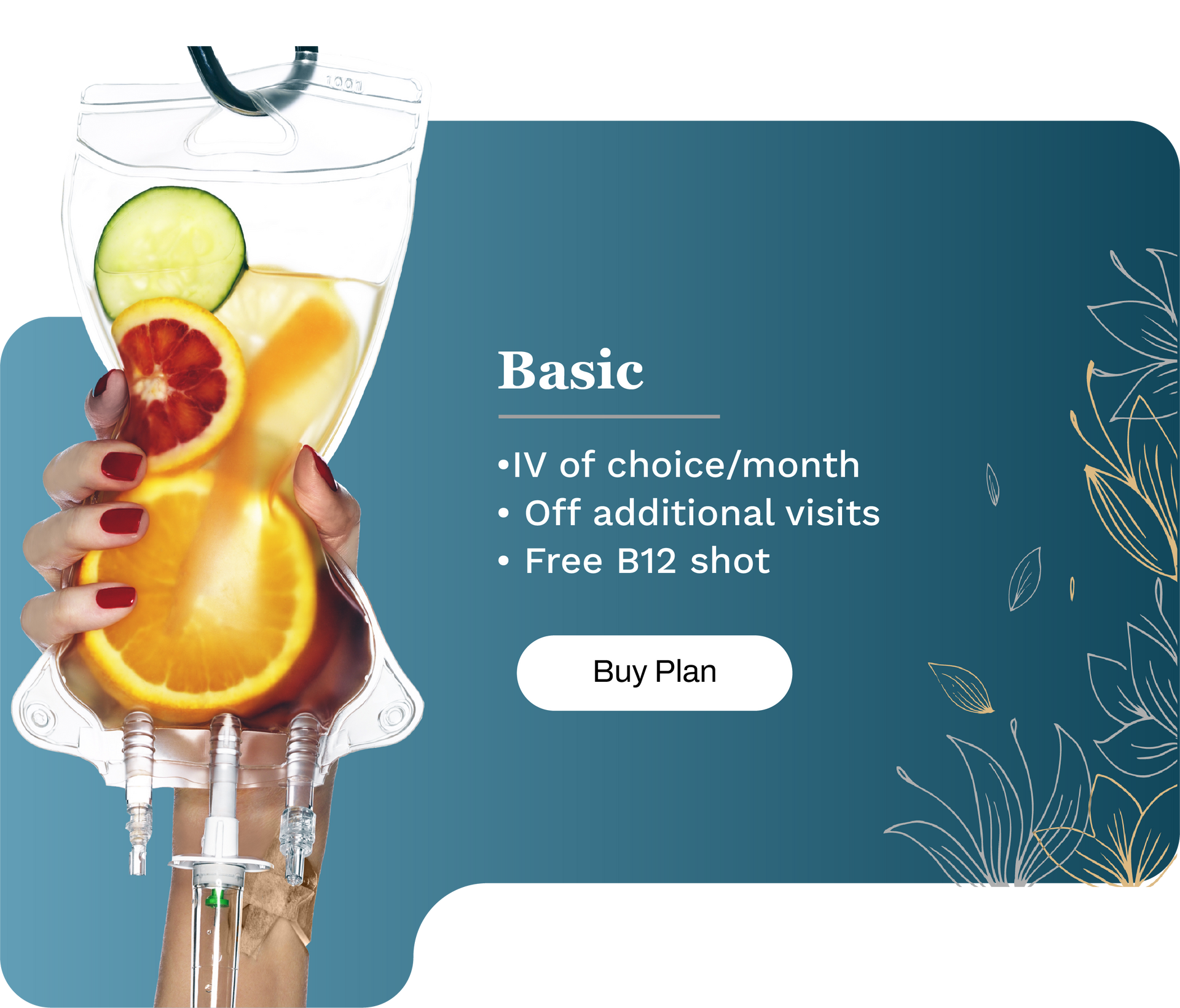Hand holding IV bag with fruit. Teal background. 