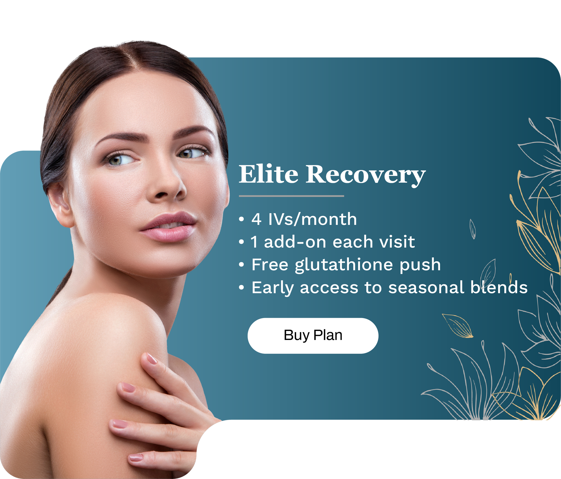 Woman, in front of teal background, advertises 