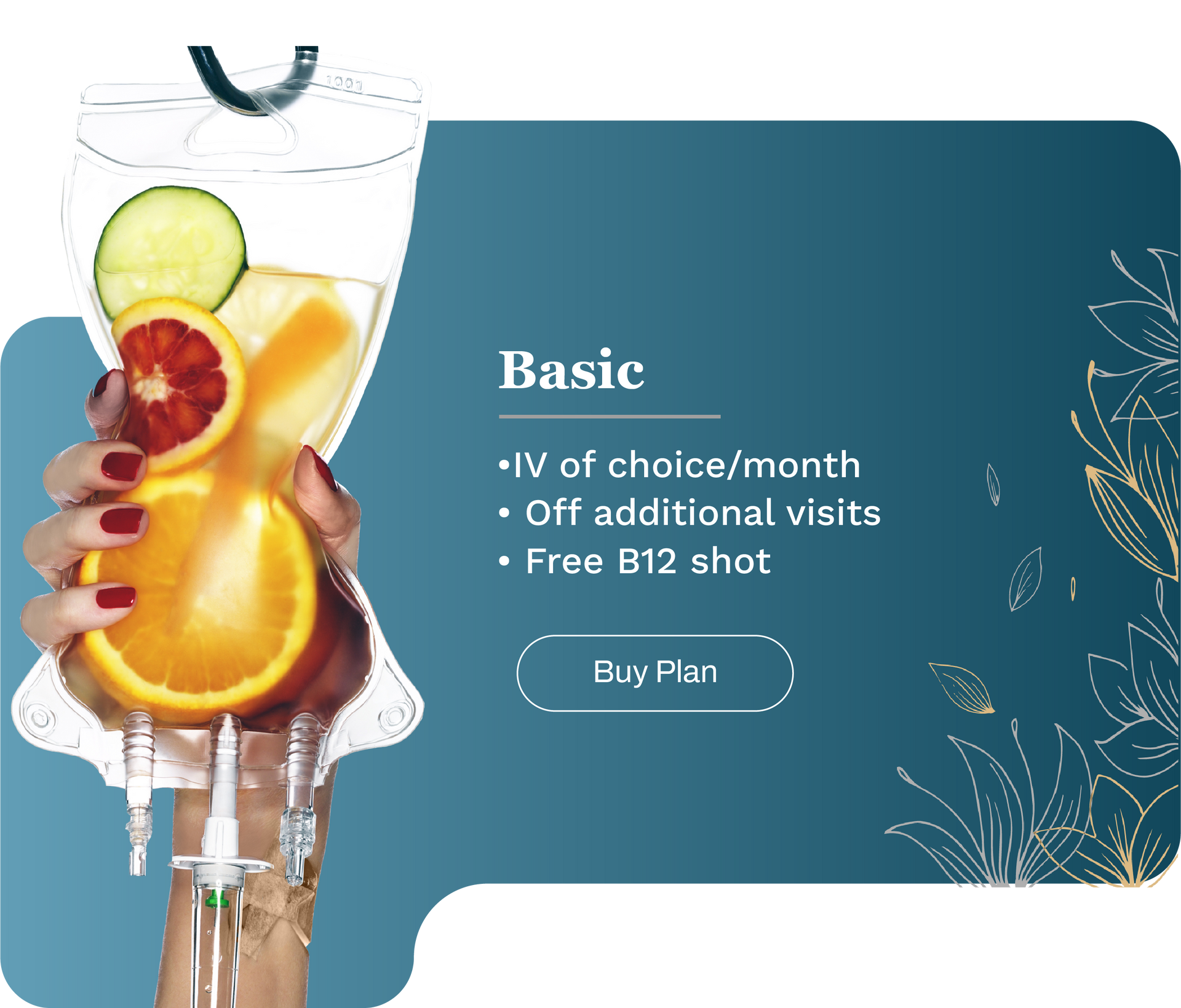 Hand holding IV bag with fruit, promoting a 
