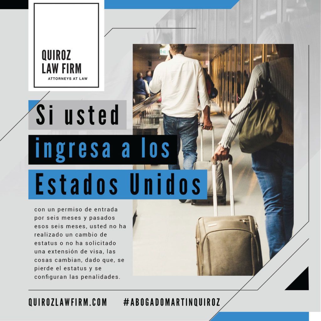 A poster for quiroz law firm shows people walking with luggage