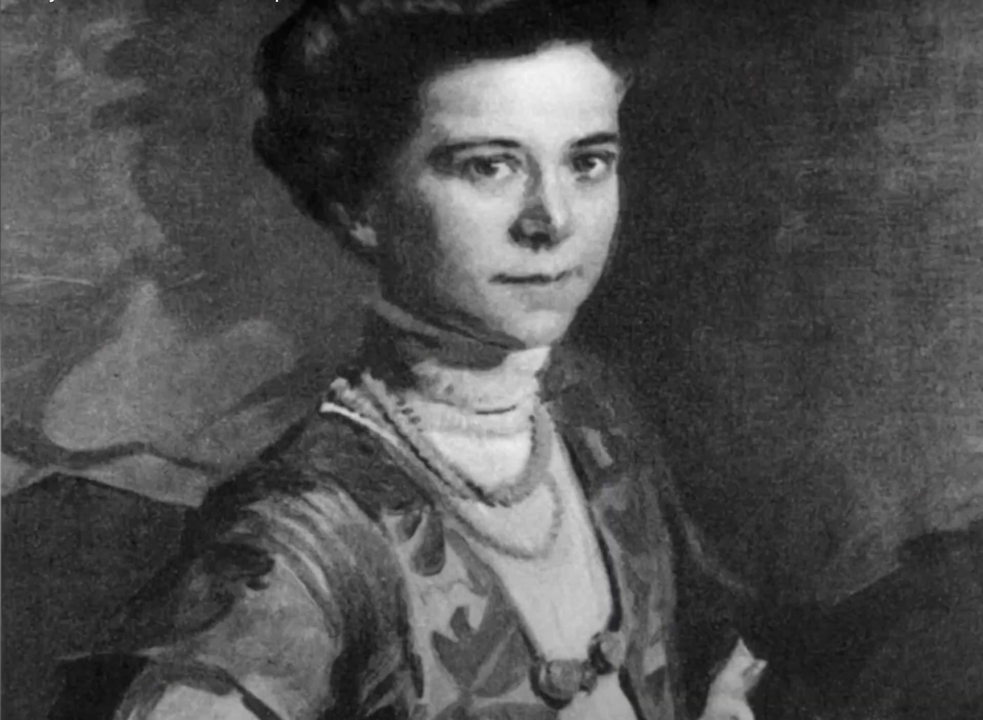 A black-and-white oil portrait of a person in a high-collared dress and layered necklaces, looking toward the viewer.
