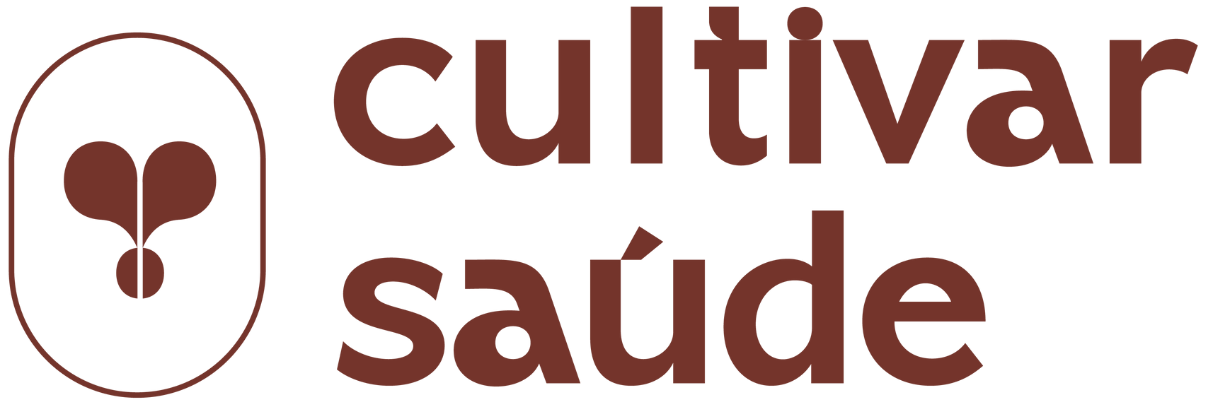 Logotipo “cultivar saúdes” em marrom com um ícone de semente germinando dentro de um contorno oval.