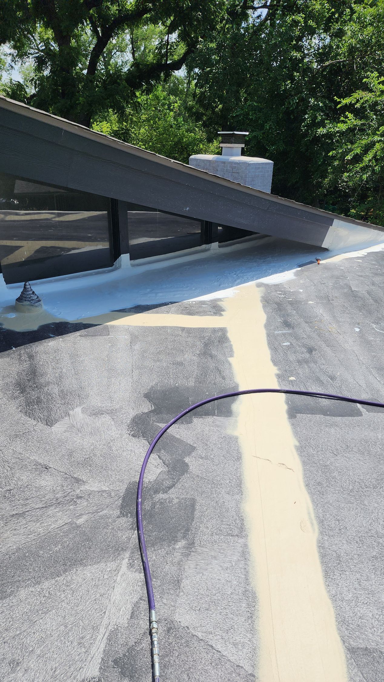 A roof with a purple hose attached to it.