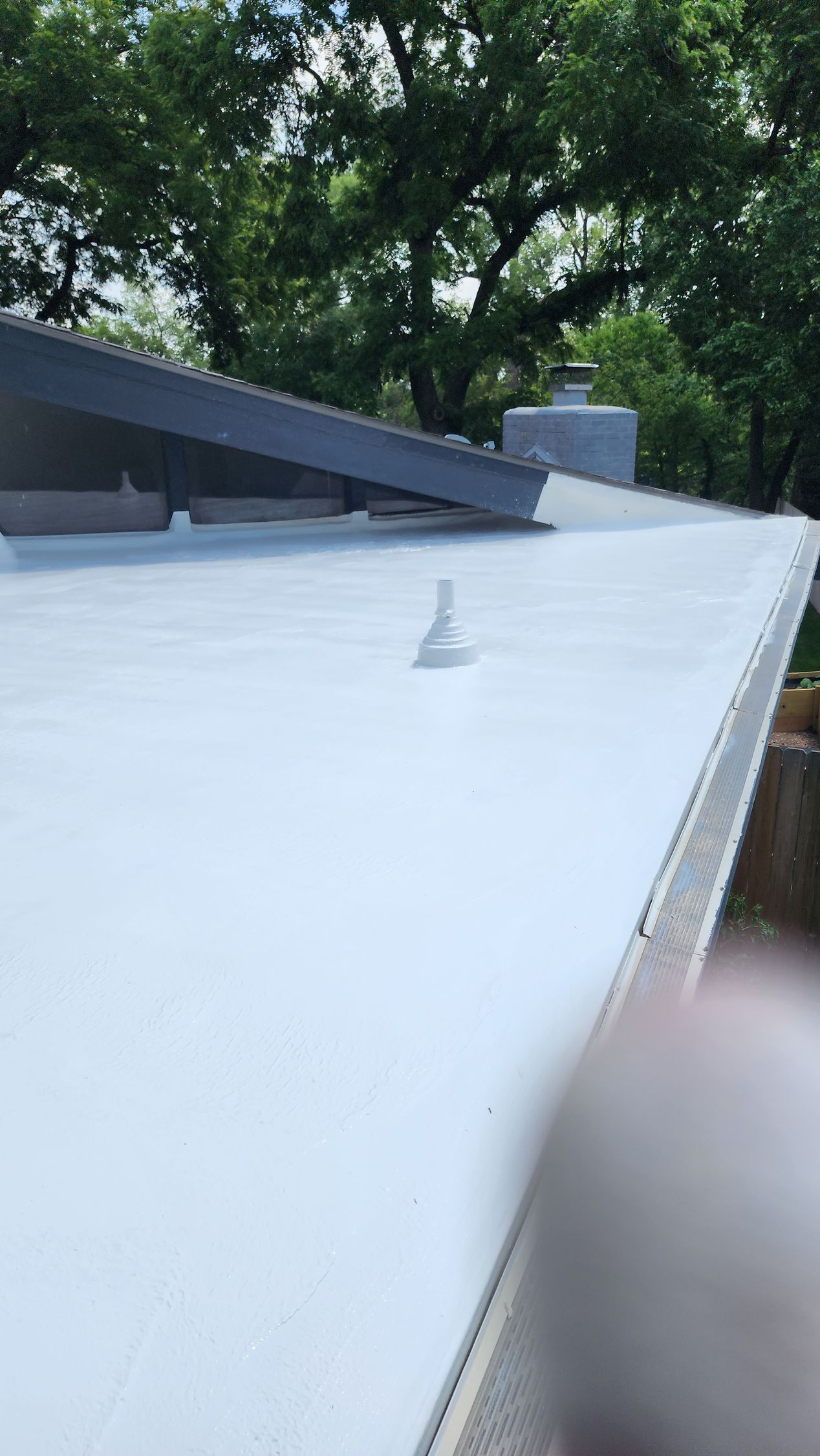 A close up of a white roof with trees in the background.