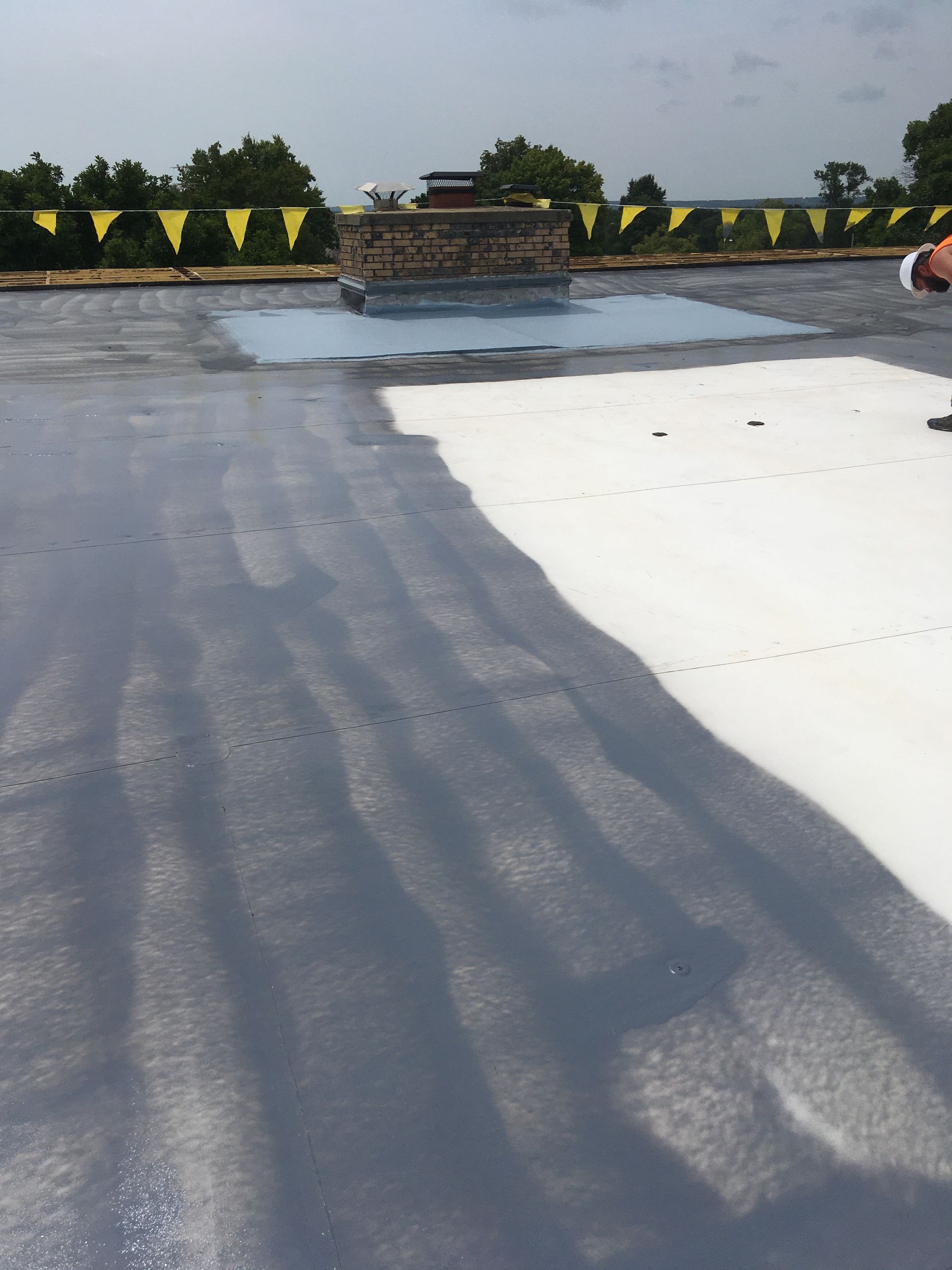 A black and white roof with a chimney in the background