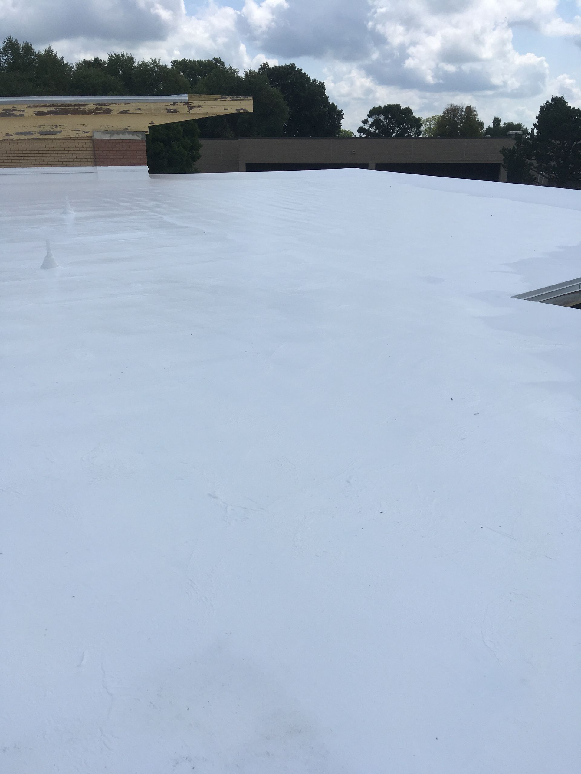 A large white roof with trees in the background and a building in the background.