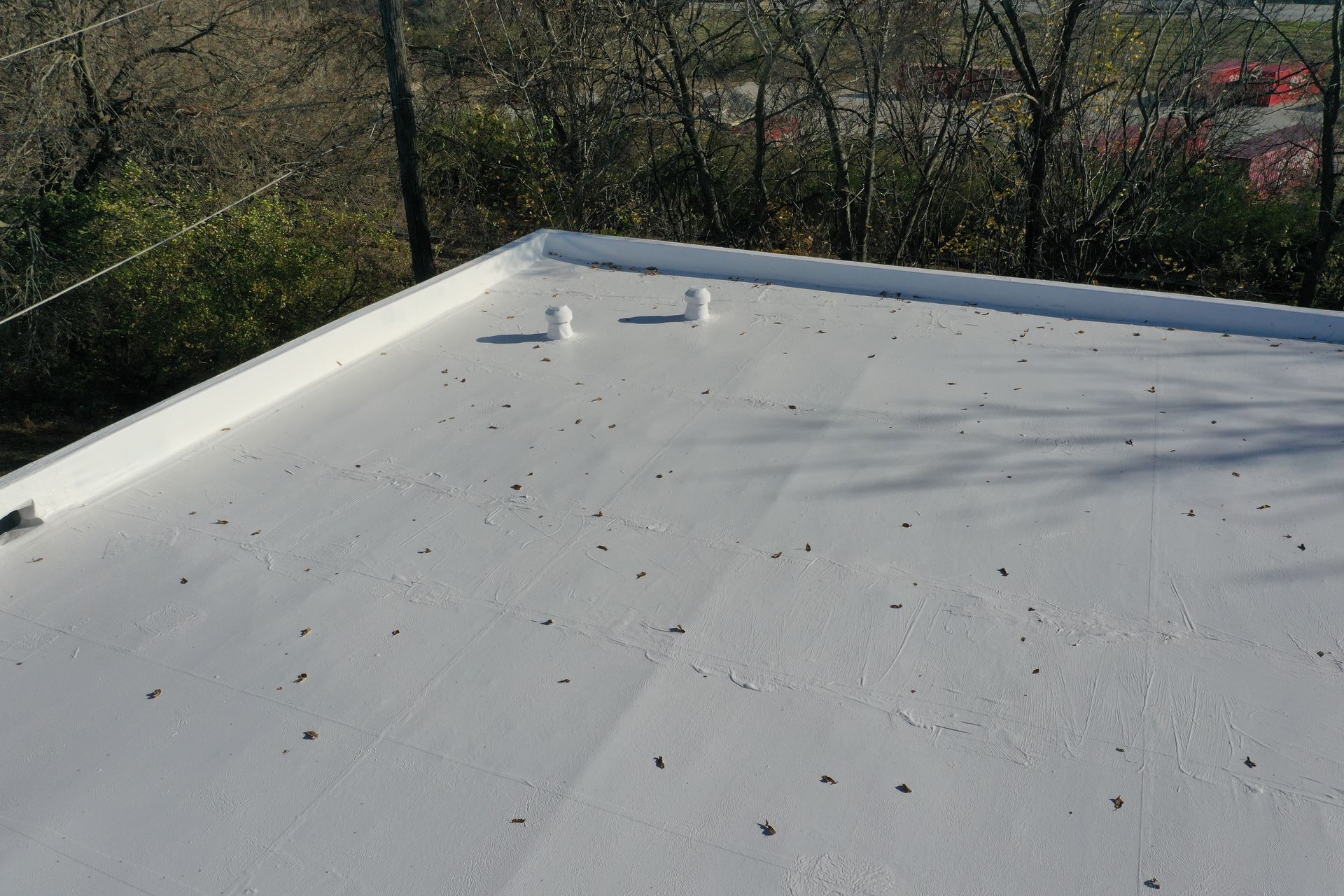 A white roof with a few holes in it and trees in the background.