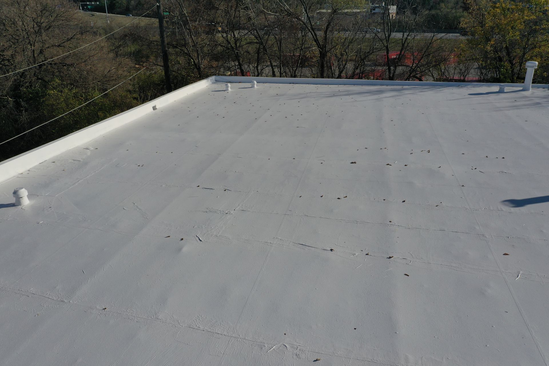 The roof of a building with a white roof and trees in the background.