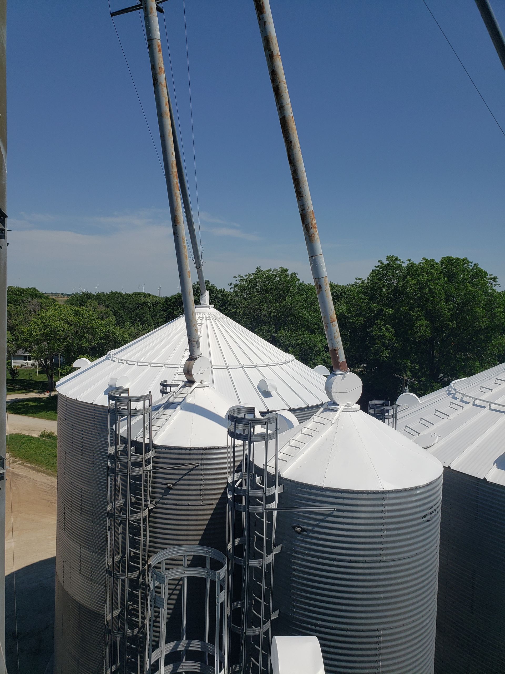 A group of silos are sitting next to each other on a sunny day.