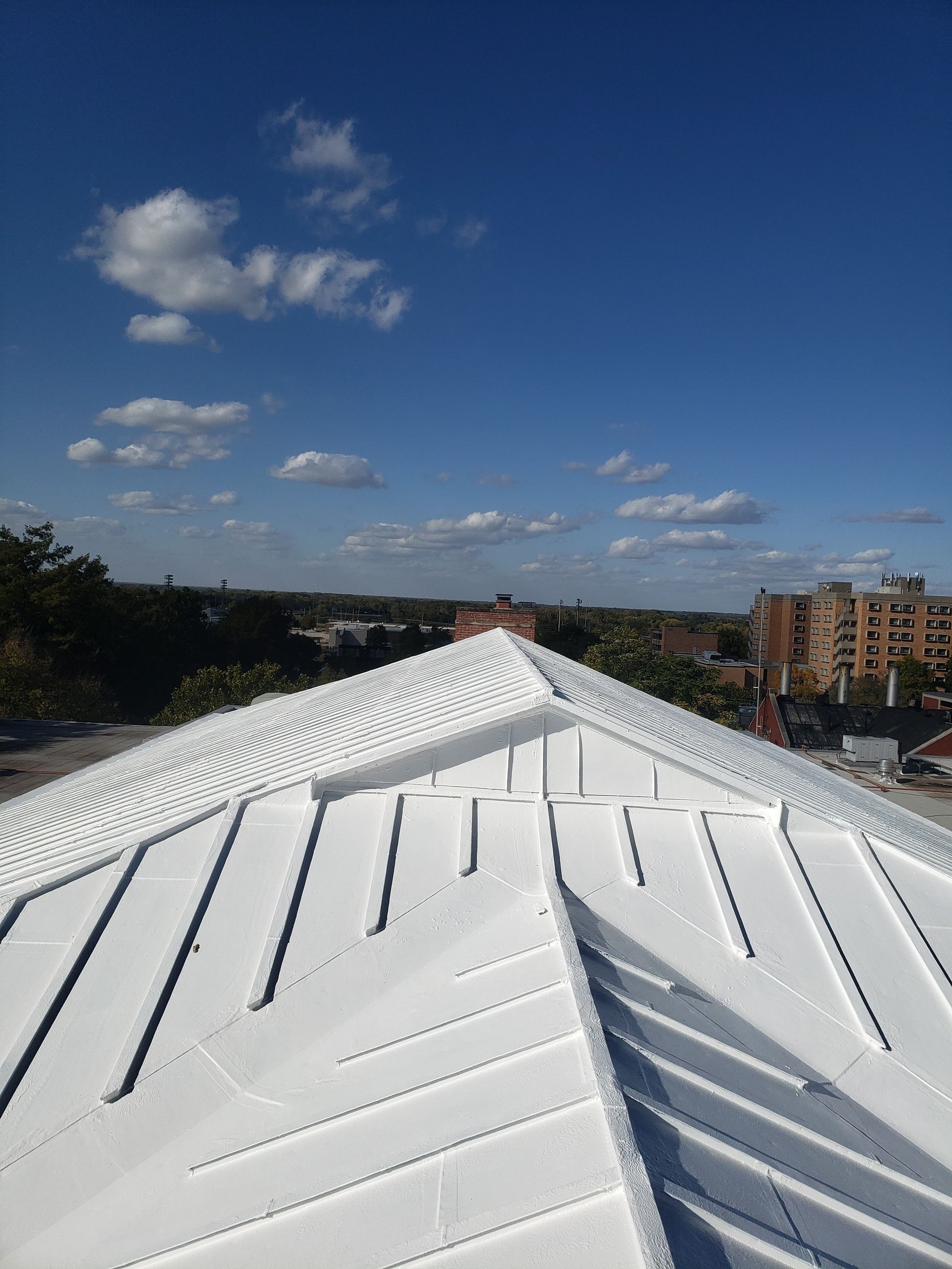 A white roof with a blue sky in the background