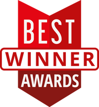 A red shield with the words `` best winner awards '' written on it.