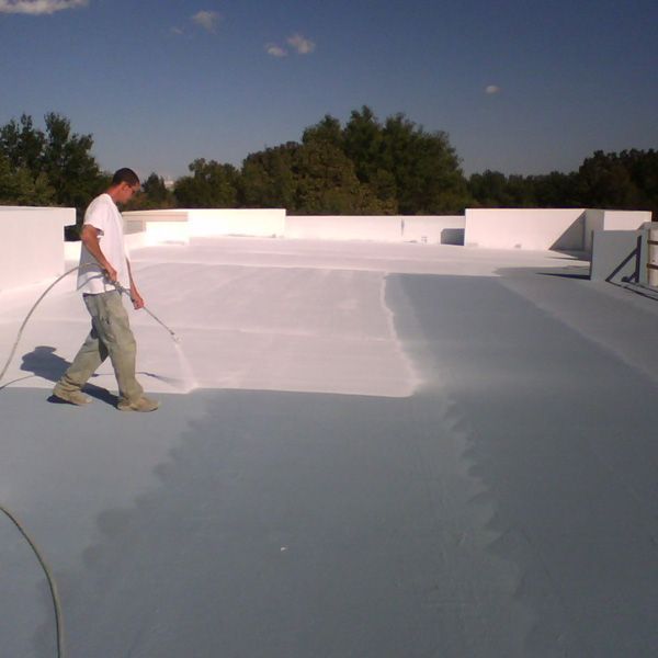 A man is spraying a roof with a hose