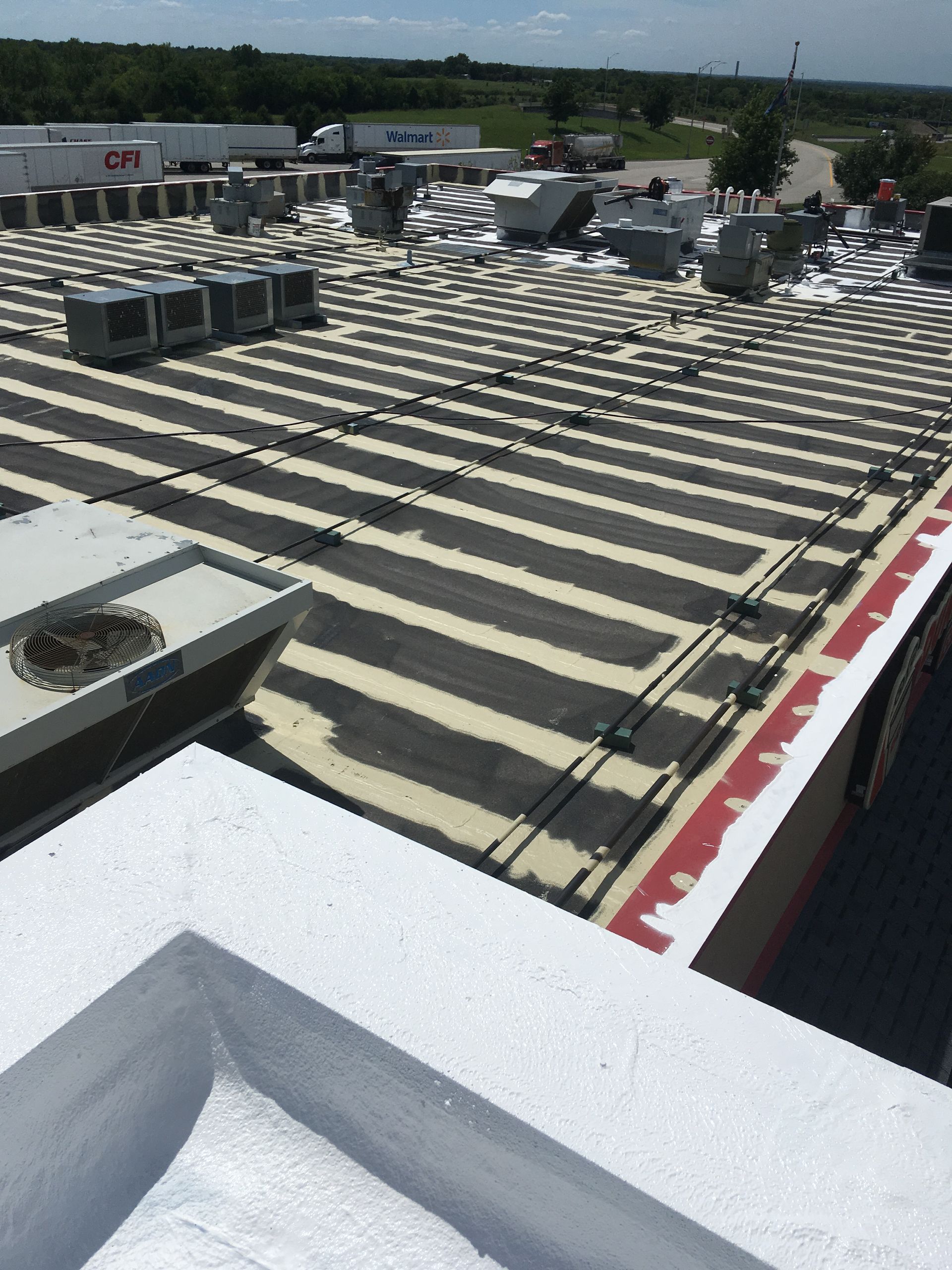 The roof of a building has a lot of lines on it