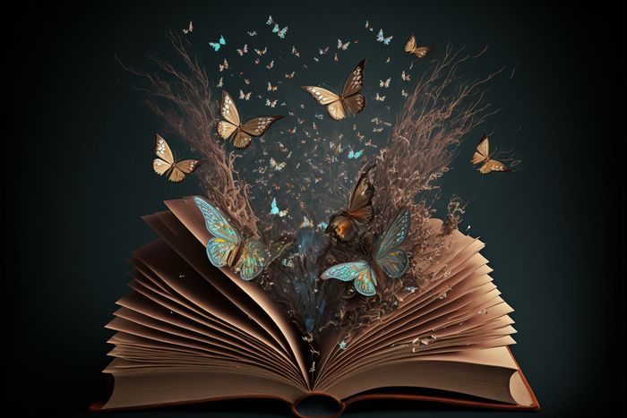 Butterflies emerging from the pages of an open book - signifying development.