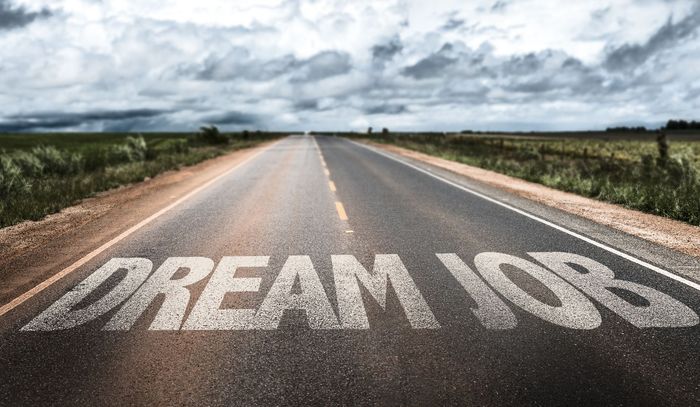 The words Dream Job appearing on an open road.