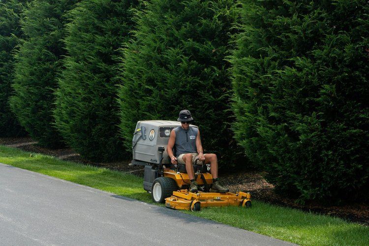 A man is riding a lawn mower down a sidewalk.