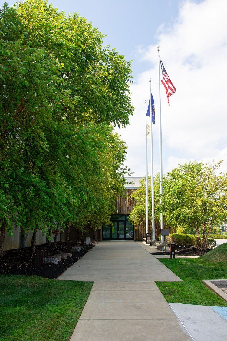 A row of flags are flying in front of a building