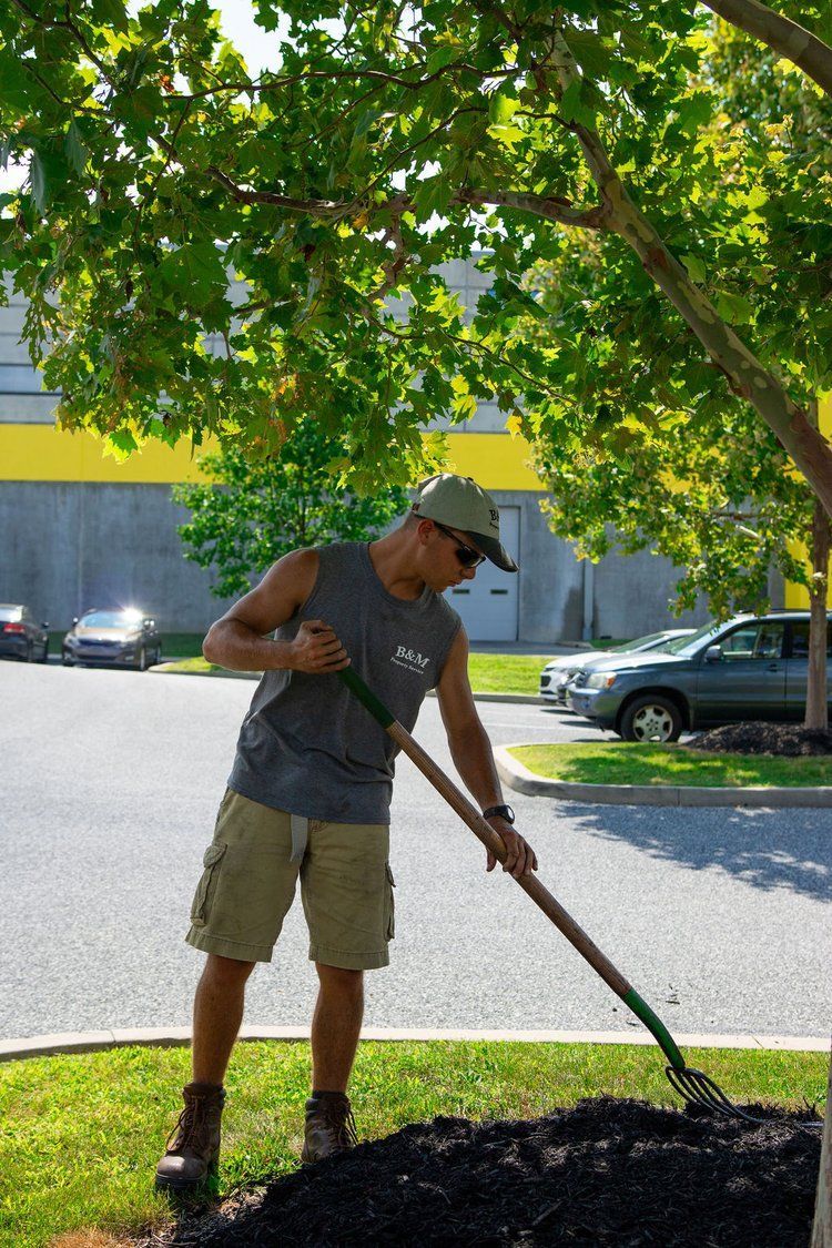 A man is raking a pile of mulch in a yard.