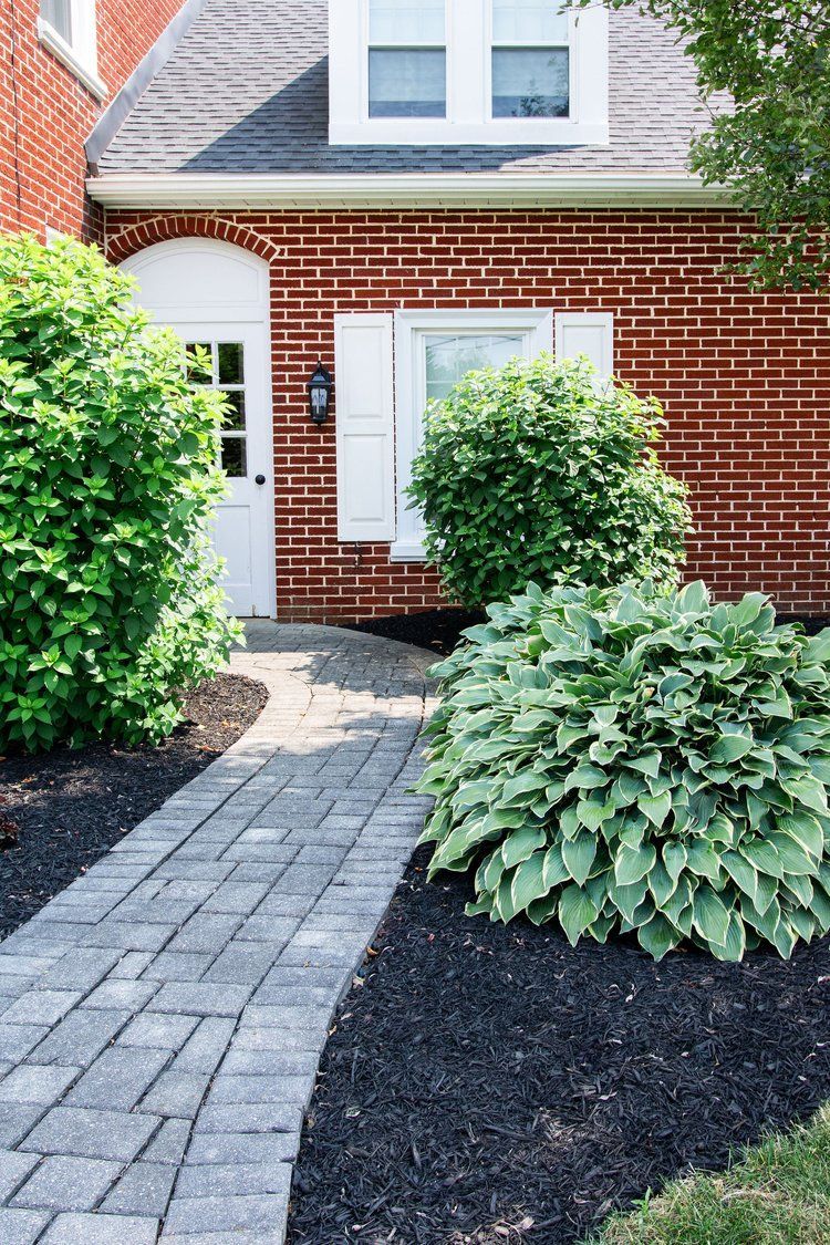 A brick house with a white door and a walkway leading to it.