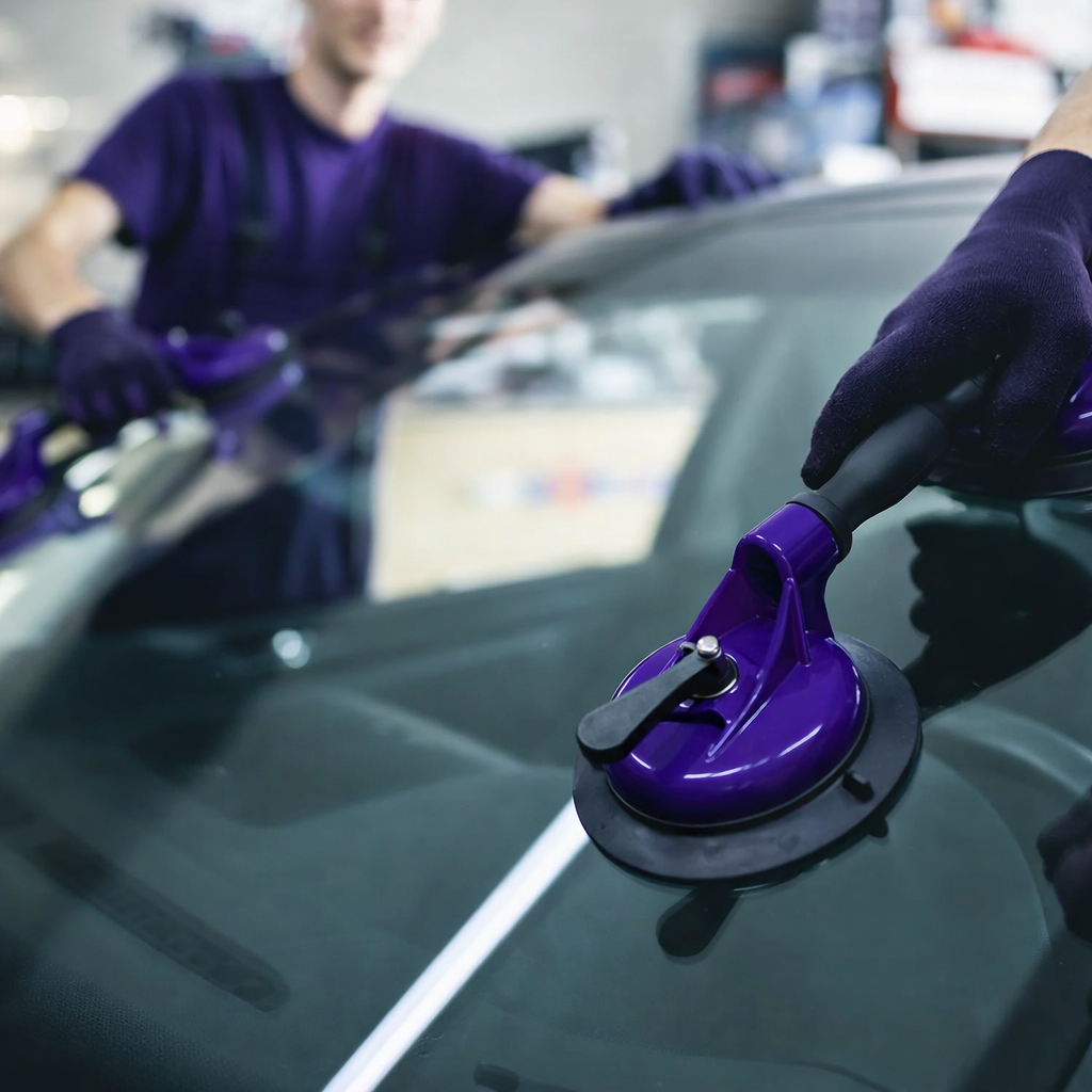 Two auto workers installing a windshield, one using a purple suction cup tool.