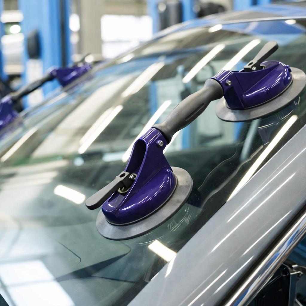 Purple suction cups attached to a car windshield in a repair shop.