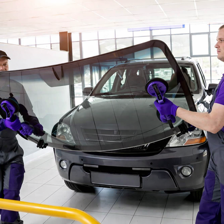 Two workers replacing a car windshield inside a garage, using suction cups to handle the glass.
