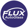 Blue circle logo for Flux AutoGlass, with white text and curved underline.