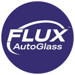 Blue circle logo for Flux AutoGlass, with white text and curved underline.