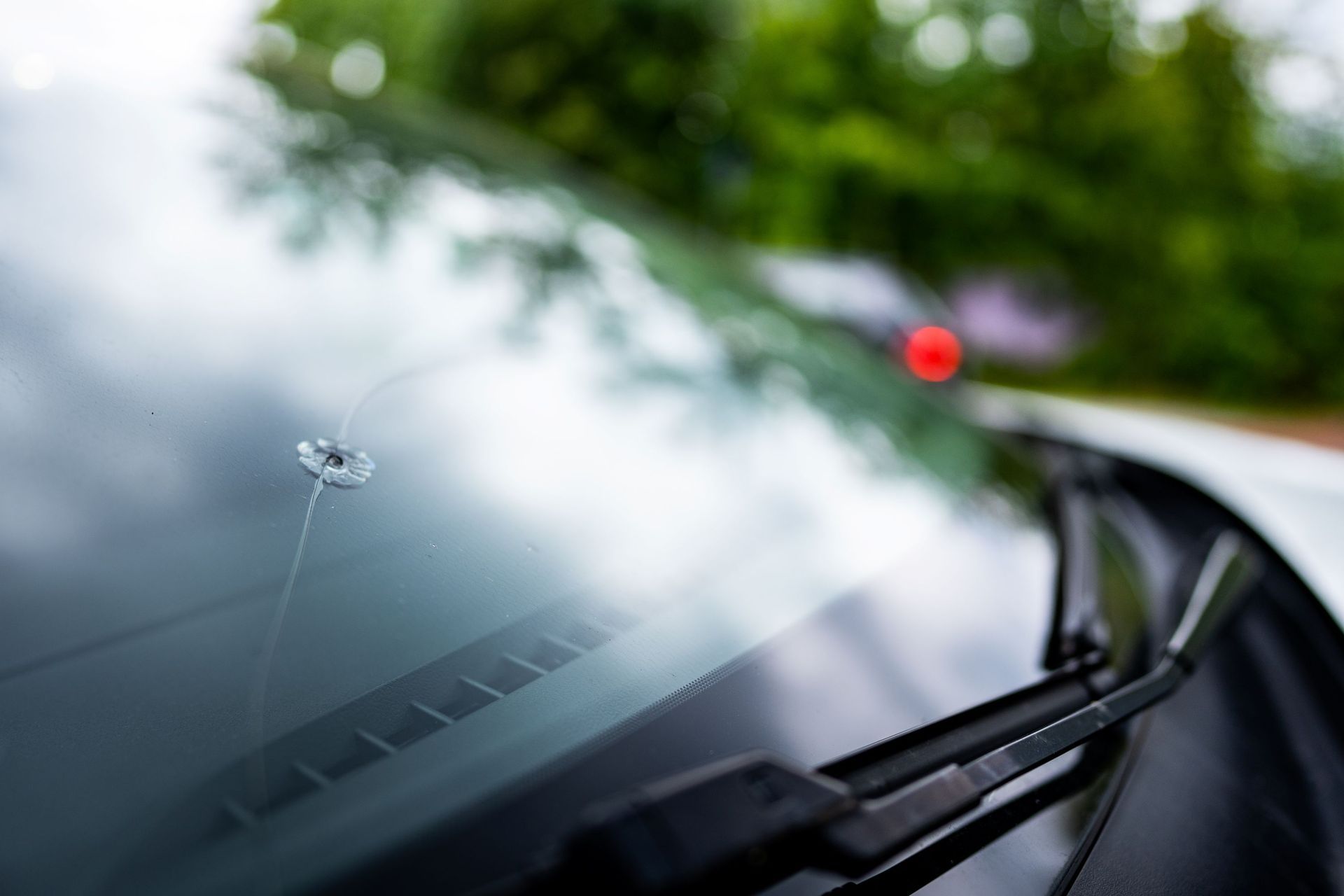 Close-up of a windshield with a crack. Blurred green trees and a red light in the background.