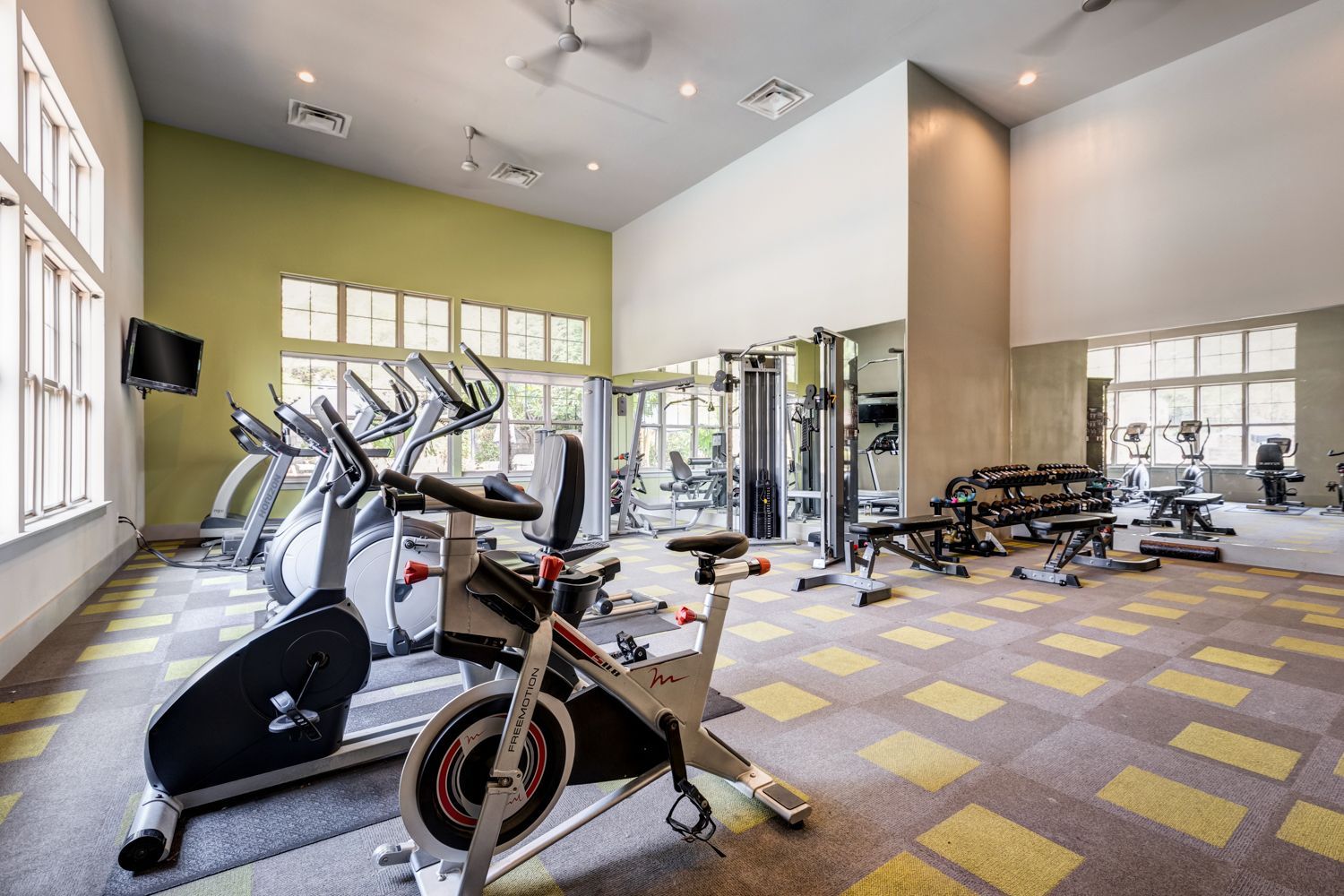 Gym interior with exercise equipment: stationary bikes, treadmills, weights, and workout machines; green and neutral tones at Arcadia's Edge in Columbia, SC.