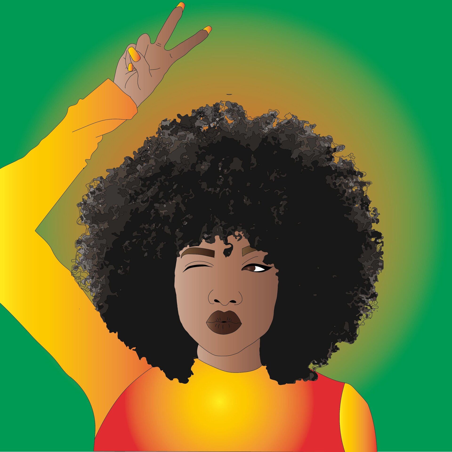 Image of a woman raising her hand with a sign peace