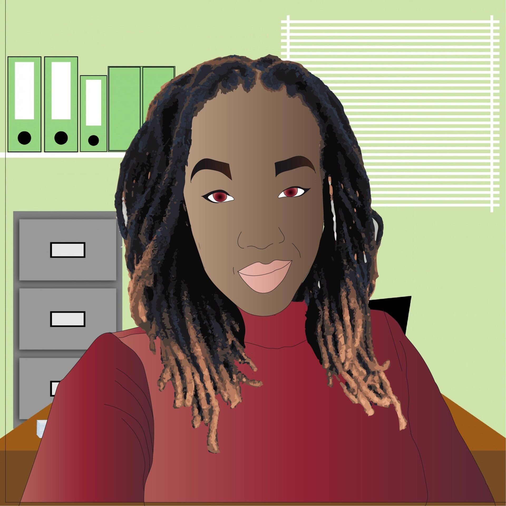 Image of a woman wearing a red shirt with red eyes