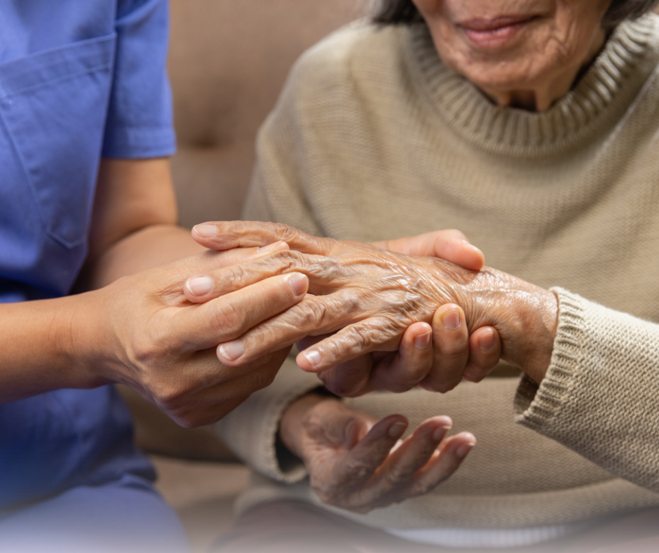 closeup graphic of the hands of a health provider and older adult