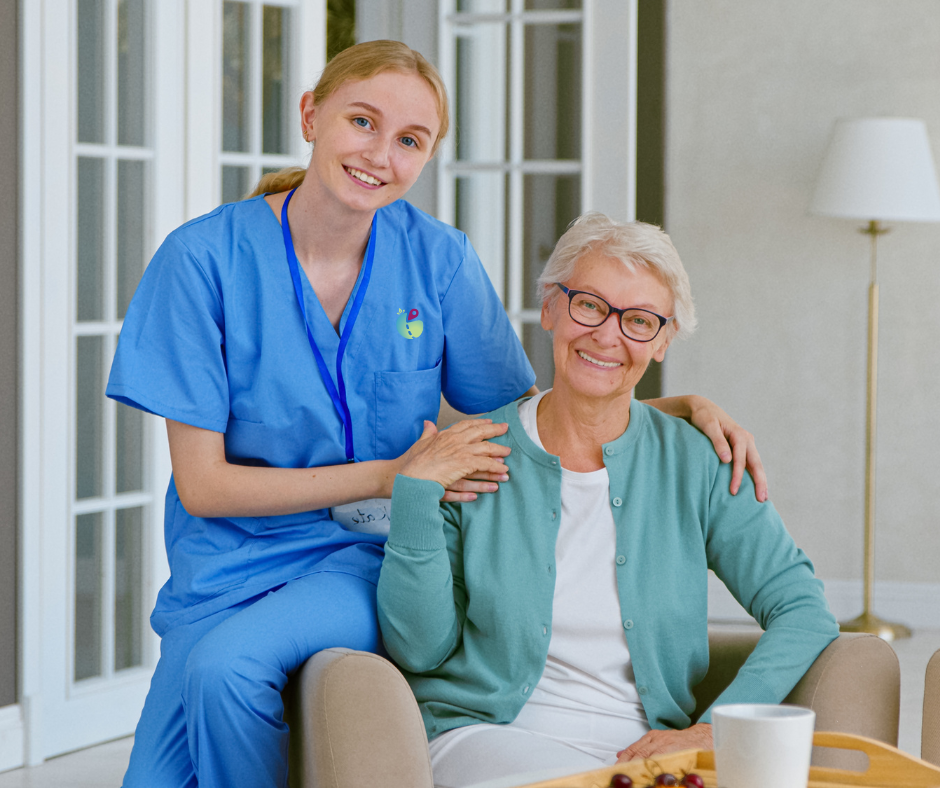Smiling home health aide with elderly client