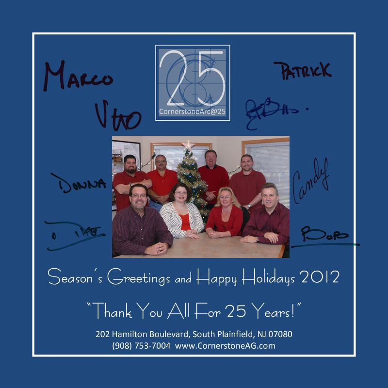 A 2012 holiday card for Cornerstone AG, featuring a group of seven people, signatures, and company contact details.