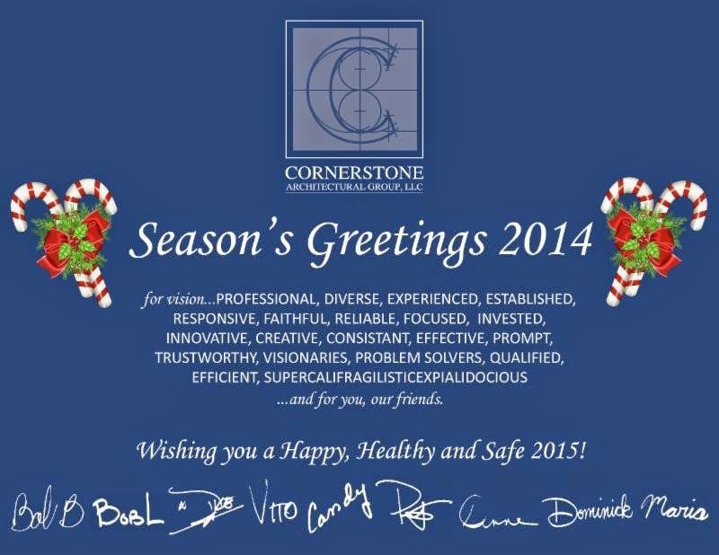 A blue holiday card from Cornerstone Architectural Group featuring festive text, candy canes, and handwritten signatures.