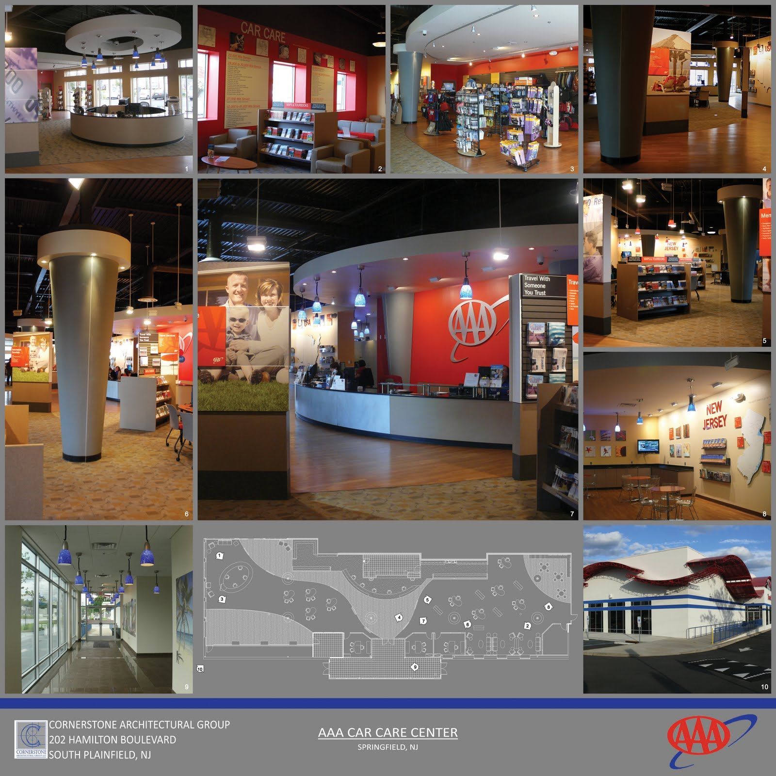Collage of an AAA office interior, including service desks, waiting areas, building floor plan, and exterior view.