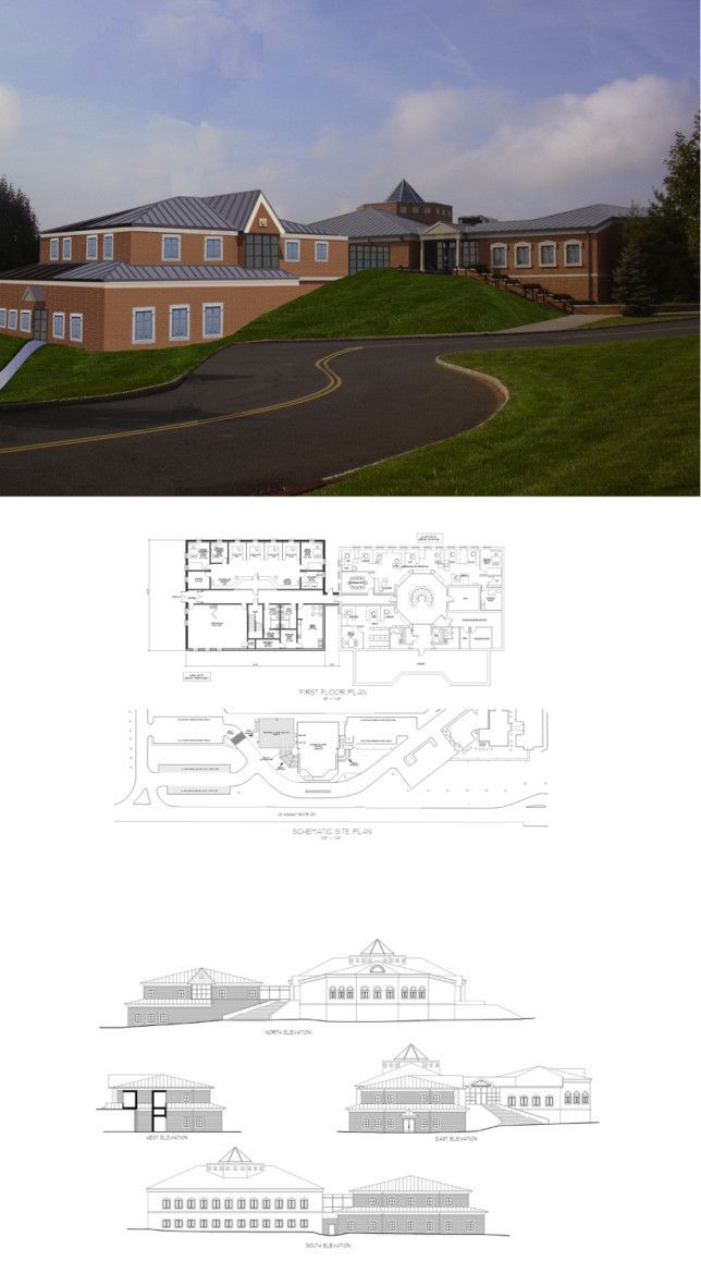 A brick building with a curved path and grassy mound, accompanied by architectural floor plans and elevation drawings.