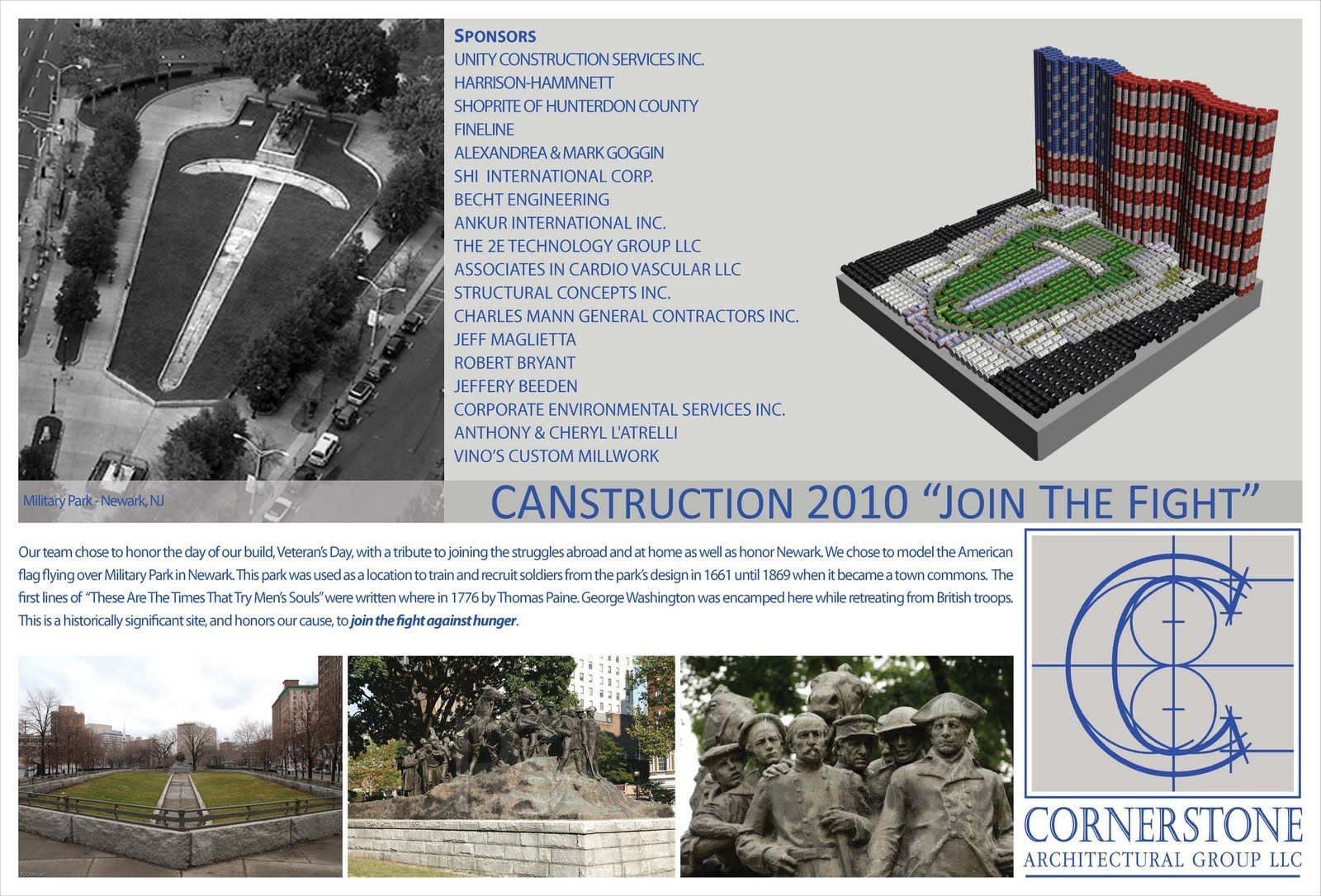 Canstruction 2010 project display showing a canned-food replica of a memorial park and US flag, with project credits.