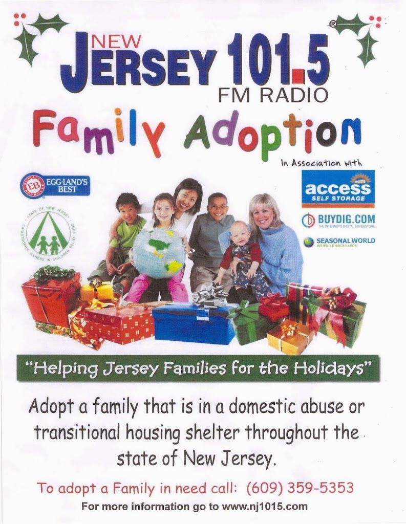 A holiday flyer for NJ 101.5 Family Adoption, a charity initiative, with gift-wrapped boxes and contact information.