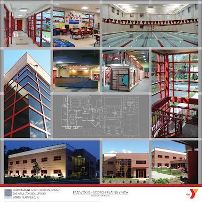 A photo collage shows the exterior and interior of the Fanwood-Scotch Plains YMCA, including a pool and floor plan.