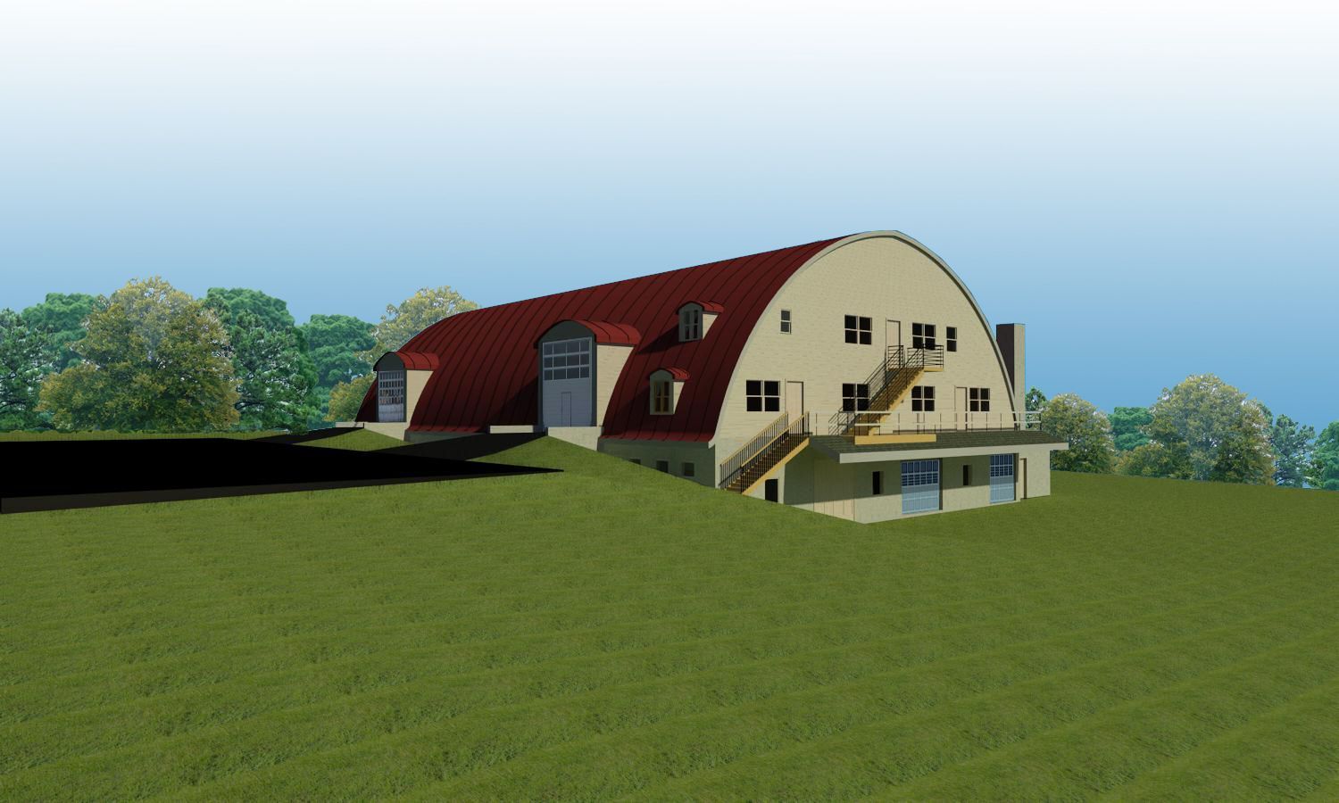 A rendering of a two-story barn-style building with a curved red roof, set into a green, grassy hillside.