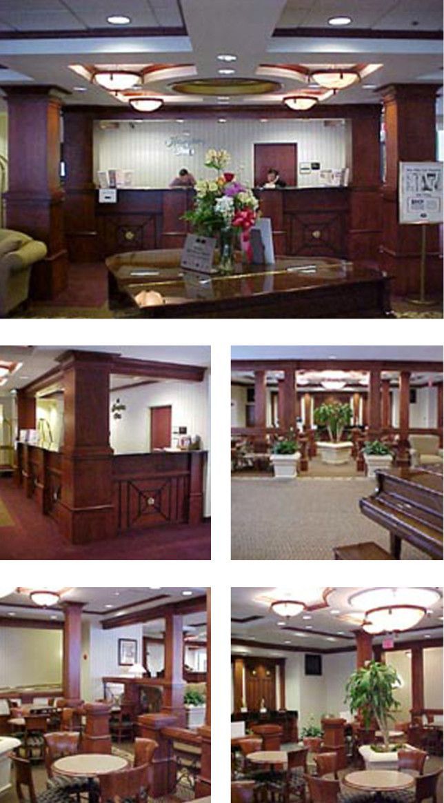 A multi-panel view of an upscale hotel lobby featuring a wooden reception desk, lounge seating, and indoor greenery.