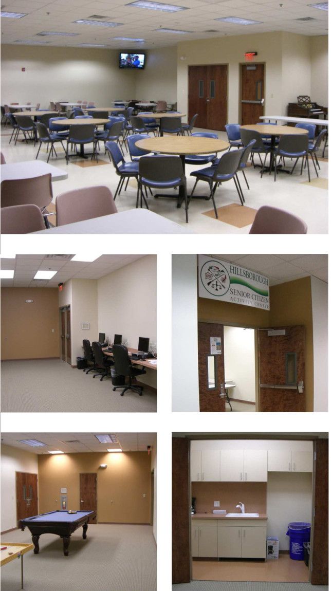 A composite image of a community facility with a dining area, computer stations, a pool table, and a small kitchenette.