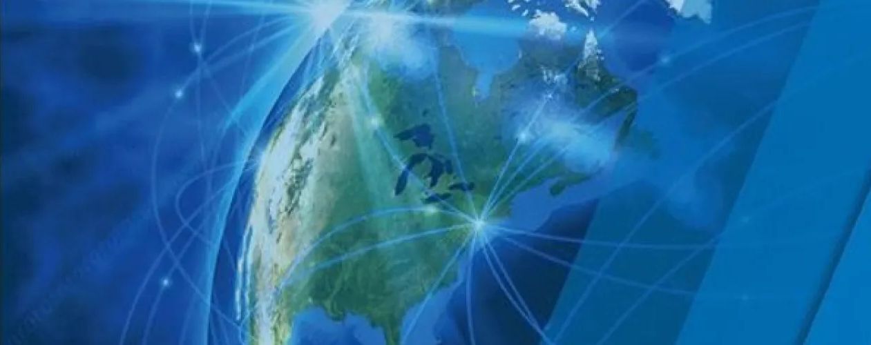 A stylized blue globe centered on North America, featuring glowing lines connecting various locations across the continent.