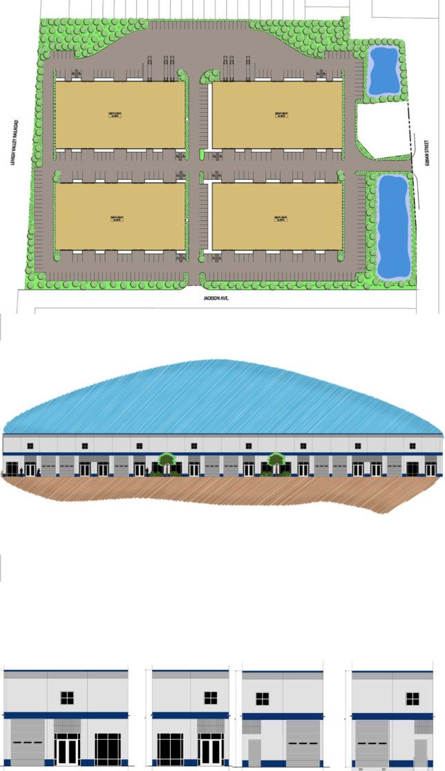 Architectural site plan showing four buildings, a parking lot, and two ponds, with building elevation and detail views.
