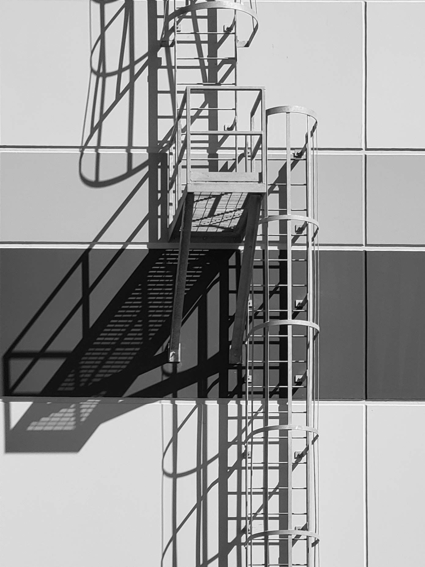 A vertical, monochromatic shot of an industrial metal ladder and platform casting strong, geometric shadows on a wall.