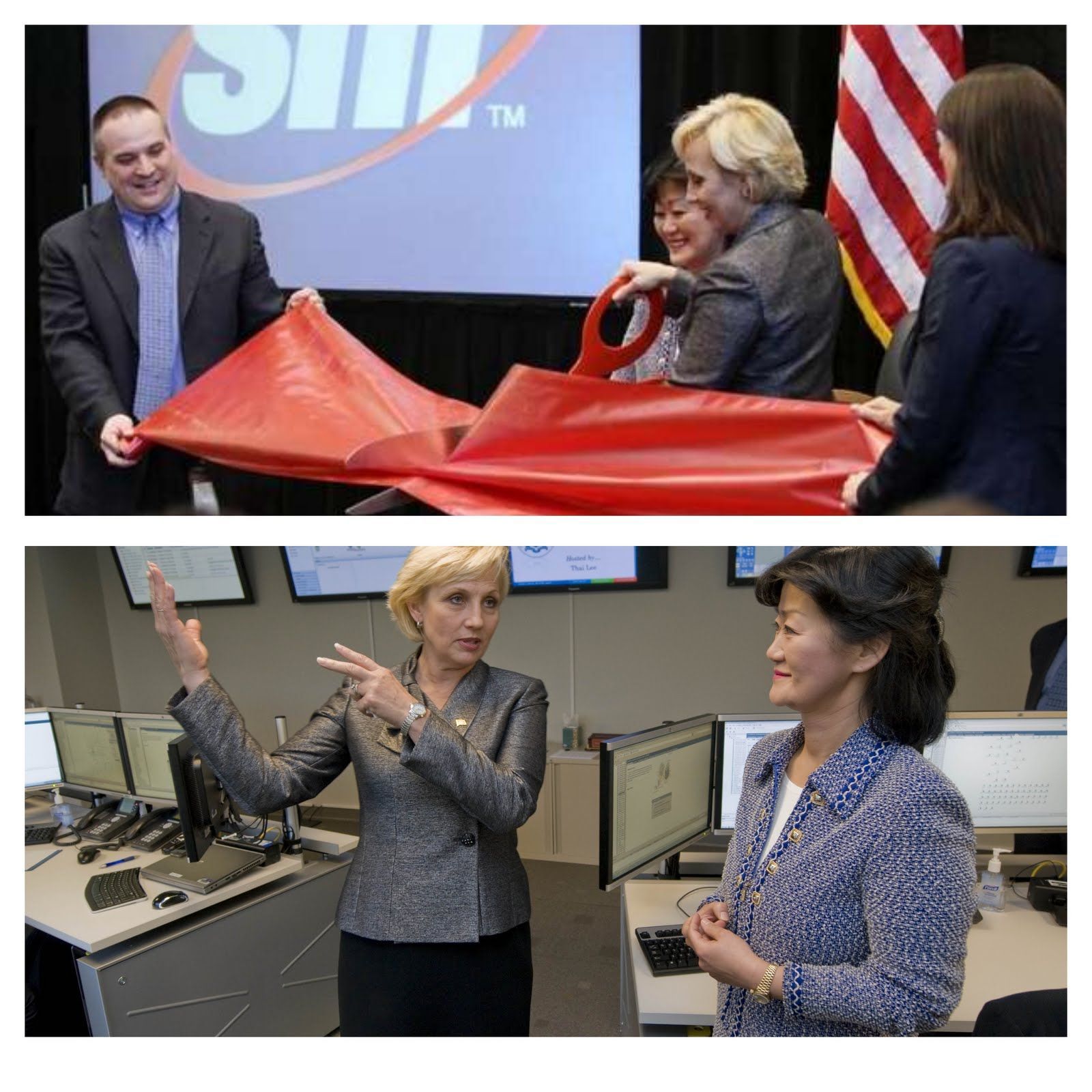 Top: Officials cut a red ribbon at an office ceremony. Bottom: Two people stand in an office discussing at a computer station.